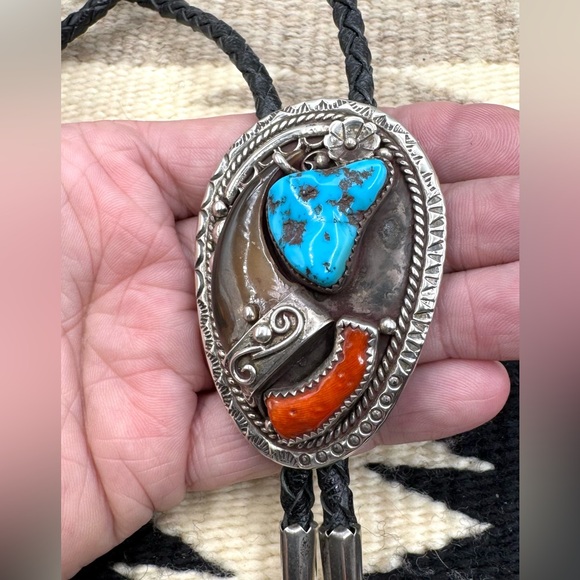 Sam Begay Navajo Native American Sterling Silver Turquoise Coral Bolo Tie - Picture 6 of 9